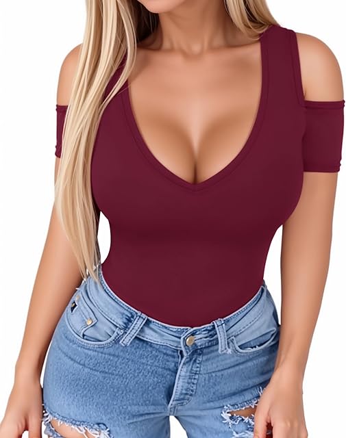 Women Tops Summer Deep V Neck Short Sleeve Cold Shoulder Slim Fit Casual Sexy Tees T-Shirts