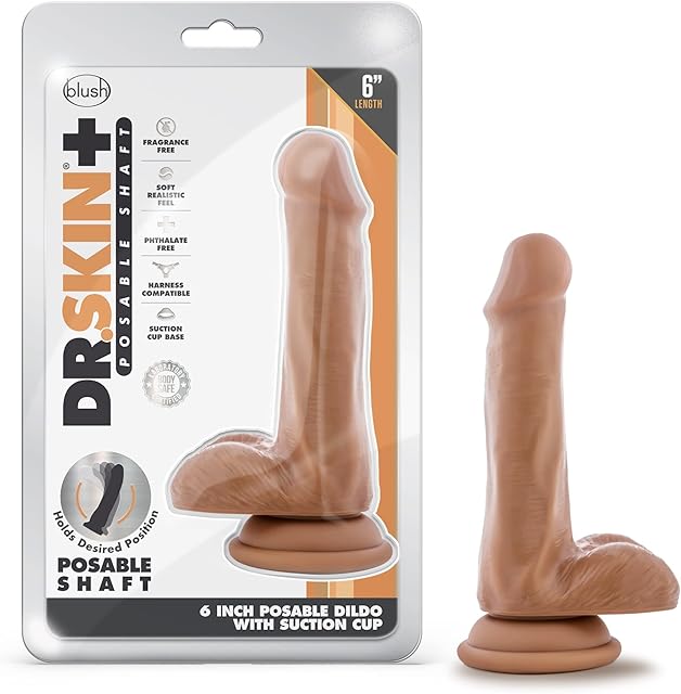 Blush Dr Skin Plus 6" Realistic Posable Shaft Dildo w/Balls, Soft Lifelike Cock - Triple Density Sensa Feel, Suction Cup, Strap-On Pegging Play - Adult Sex Toy for Women, Men & Couples - (Mocha)