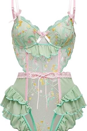 Women's Floral Embroidery Mesh Lingerie Bodysuit Underwire Ruffle Trim Teddy Lingerie
