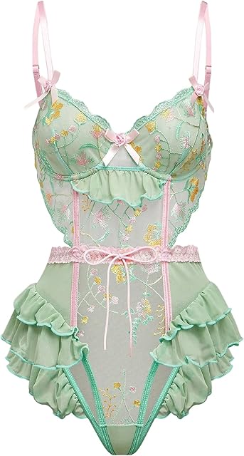 Women's Floral Embroidery Mesh Lingerie Bodysuit Underwire Ruffle Trim Teddy Lingerie