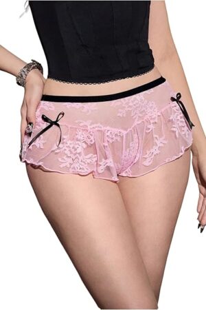 Women's Lace Underwear Bow Ruffle Sheer Panty Sexy Coquette Knicker Brief
