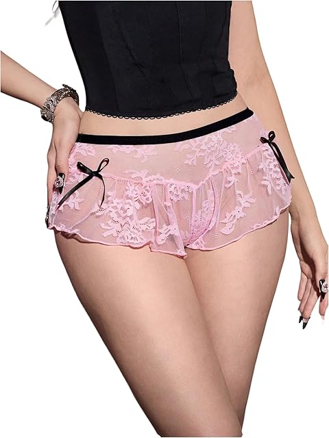 Women's Lace Underwear Bow Ruffle Sheer Panty Sexy Coquette Knicker Brief