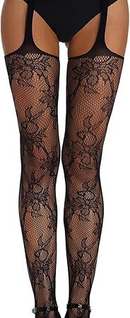 Women's Suspender Tights Fishnet Stockings Sexy Pantyhose with Garter Belt Floral Black Plus Size XS-5XL
