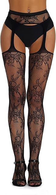 Women's Suspender Tights Fishnet Stockings Sexy Pantyhose with Garter Belt Floral Black Plus Size XS-5XL