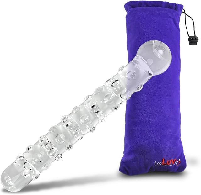 LeLuv Dildo 8" Bumpy Glass Wand Beaded Tip Clear with Premium Padded Pouch
