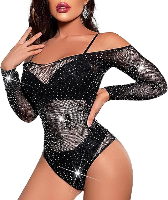 Women Fishnet Lingerie Sparkle Rhinestone Bodysuit Skull Head Dress Sexy Long Sleeve Nightwear for Halloween Party Fishnet Outfit