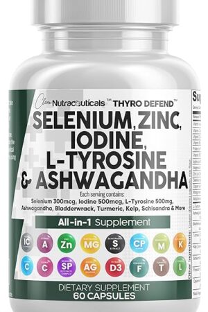 Clean Nutra Selenium 300mcg Iodine 500mcg Thyroid Support for Women & Men | L Tyrosine 500mg Ashwagandha Supplement Bladderwrack, Turmeric, Kelp, Schisandra Zinc Pills Capsule Supplements