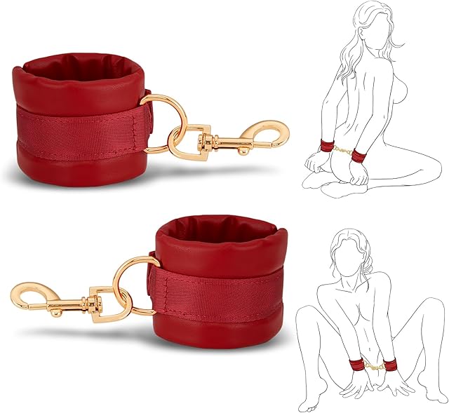 BDSM Bondage Restraints Sex Toys - Adjustable Soft Leather Handcuffs Ankle Cuffs Adult Toy, Furniture Restraint Kit for Men Women Couples SM Game Play | Red