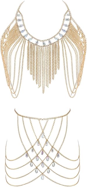 Women's Sexy Body Chain Suit Fashion Halter Bra Chain Body Jewelry (206-C-Gold color)