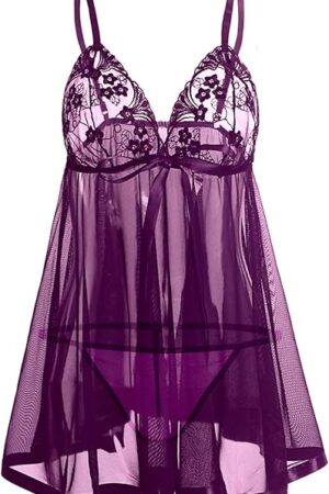 Womens Babydoll Slutty Lingerie for Women Naughty for Sex Color Block Lace Chemise Nightie Mesh Plus Size Embroidered