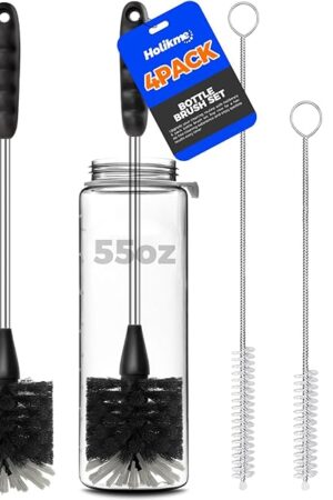 Holikme Bottle Brush Cleaner Set, 14" Long Handle Stainless Steel Bottle Cleaner Brush, 3 Straw Cleaner Brush, Bottle Cleaning Brush for Water Bottle, Cups, Abrasive Wheel Brushes, Straws Black