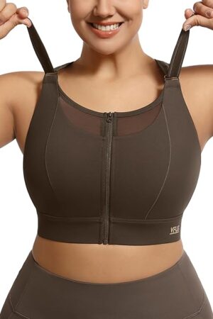 Adjustable High Impact Sports Bra Zip Front Sexy Mesh Racerback Workout No Bounce Compression Bras for Women Plus Size