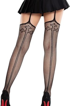 Womens Sinful Cross-Accented Black Fishnet Stockings for Women with Attached Garter Belt, Black, One Size