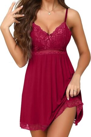 Women Lingerie Nightgown Sexy Sleepwear Lace Chemise Modal Babydoll V-neck Slip Dress