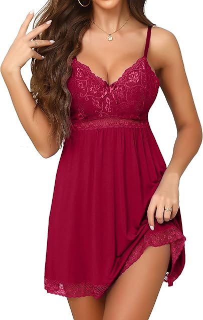 Women Lingerie Nightgown Sexy Sleepwear Lace Chemise Modal Babydoll V-neck Slip Dress