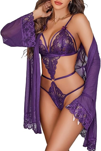 Women Sexy Lingerie Set 2 Piece Lace Teddy with Mesh Kimono Robe Bodysuit Nightgown