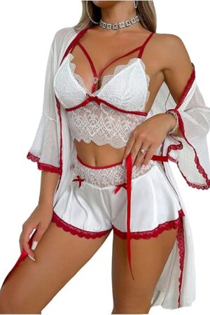 Women's 3 Piece Pajama Set Floral Lace Bowknot Cami Top and Shorts with Robe Sleepwear
