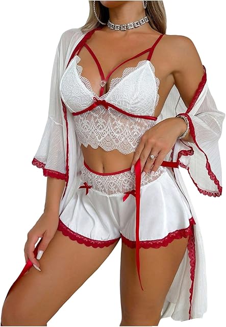 Women's 3 Piece Pajama Set Floral Lace Bowknot Cami Top and Shorts with Robe Sleepwear