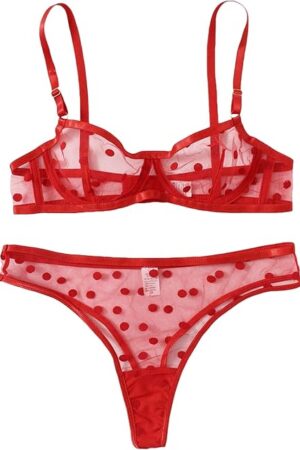 Women's Polka Dots Mesh Underwire Lingerie Set Straps Bra and Panty Red L