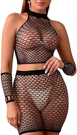 Women's Sexy Fishnet Mesh Lingerie Sets Net Top + Wrap Skirt + Sexy Hand Socks Party Wear