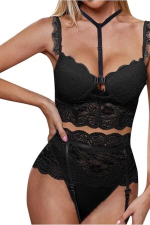 2PC Sexy Lingerie Set for Women Choker Mesh Floral Lace Cutout Push Up Bra with Garter Belt and Panty Sleepwear Sets
