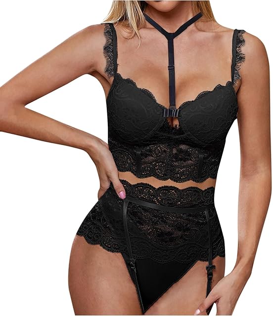 2PC Sexy Lingerie Set for Women Choker Mesh Floral Lace Cutout Push Up Bra with Garter Belt and Panty Sleepwear Sets