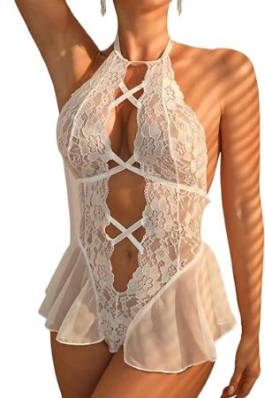Women's Floral Lace Cut Out Mesh Criss Cross Halter Sexy Lingerie Teddy Bodysuit