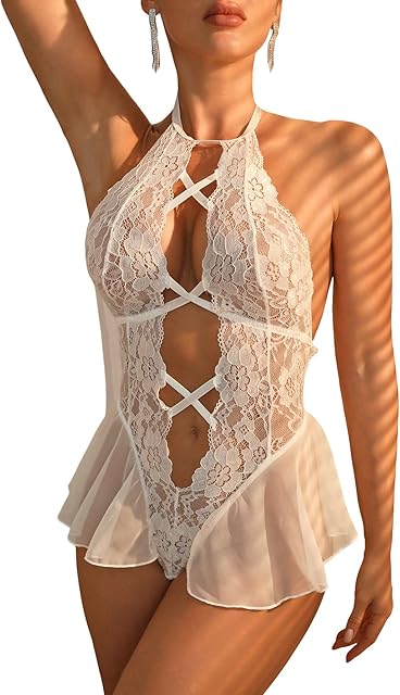 Women's Floral Lace Cut Out Mesh Criss Cross Halter Sexy Lingerie Teddy Bodysuit