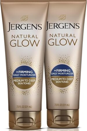 Jergens Natural Glow +Firming Self Tanner Body Lotion, Medium to Deep Skin Tone, Sunless Tanning Moisturizer with Collagen and Elastin, Helps to Visibly Reduce Cellulite, 75 Oz, Pack of 2