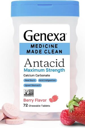 Genexa Clean Antacid Maximum Strength Chewable Tablets, Dye Free, 0% Artificial Additives, Calcium Carbonate Relief for Heartburn, Acid Indigestion, & Upset Stomach, Organic Berry Flavor, 72 ct