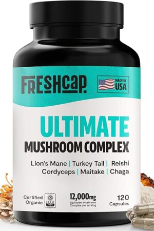 FreshCap Mushrooms Ultimate Mushroom Supplement 12,000mg - Nootropic Mushroom Complex Capsules, Organic Supplement, Brain Supplements for Memory and Focus Ayurveda (120 Capsules)