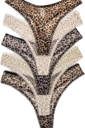 Women's 5 Pack Leopard Print Thong Mesh Low Rise Underwear