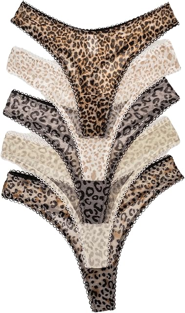 Women's 5 Pack Leopard Print Thong Mesh Low Rise Underwear