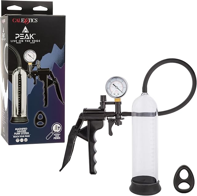CalExotics Peak Magnified Gauged Pump System, Pressured Penis Pump with Built-in PSI Gauge and Dual Enhancer Cock Ring Included Black SE-5500-10-3
