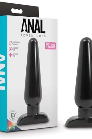 Blush Novelties Anal Adventures Basic Butt Plug - 6 1/2 Inch Large Easy to Insert Smooth Latex Free Pleasure Advanced Adult Toy - Comfortable Anchor Base - Sex Toys for Women Men Couples - Black