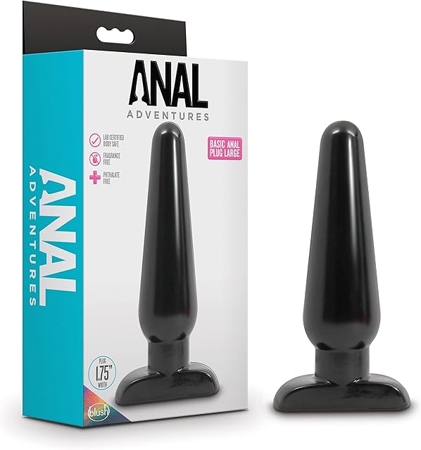 Blush Novelties Anal Adventures Basic Butt Plug - 6 1/2 Inch Large Easy to Insert Smooth Latex Free Pleasure Advanced Adult Toy - Comfortable Anchor Base - Sex Toys for Women Men Couples - Black