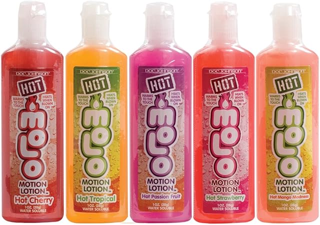 Doc Johnson Hot Motion Lotion - 5 Flavor Variety Pack - Flavored Warming Water-Based Body Glides - Warms to the Touch - Heats When Blown On - 5 x 1 fl.oz. (5 X 29.5 ml) - Multi-Colored