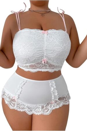 Women's Plus Size Bow Decor Contrast Lace Lingerie Set 2 Piece Sexy Lingerie Sets