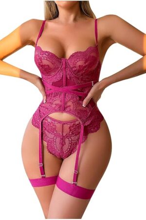 Womens Lingerie Sets Garter Belt Bodysuit Sexy Lace Nightwear Cut Out Naughty Mini Babydoll Exotic Sleepwear