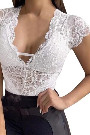 Women See Through Sexy Lace Bodycon Shirt Short Sleeve Deep V Neck Slim Fit Top Plus Size Temperament Lingerie