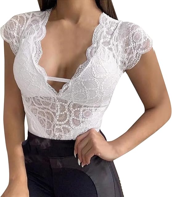 Women See Through Sexy Lace Bodycon Shirt Short Sleeve Deep V Neck Slim Fit Top Plus Size Temperament Lingerie
