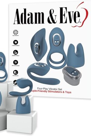 Adam & Eve Four Play Vibrator Set, 5 Piece Couples Kit with Rechargeable Vibrating Base, Rabbit Sleeve, Body Massager, Double Penis Ring, and Couples Stimulator, 10 Vibration Modes, Silicone and ABS