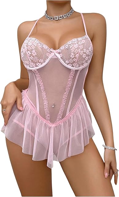 Women's Floral Lace Cami Teddy Bodysuits Mesh Sheer Babydoll Sexy One Piece Lingerie