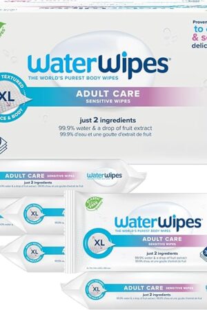 WaterWipes Adult Care Wipes, Extra-large 999% Water Based Wipes, Unscented & Hypoallergenic for Sensitive Skin, 180 Count (6 Packs)