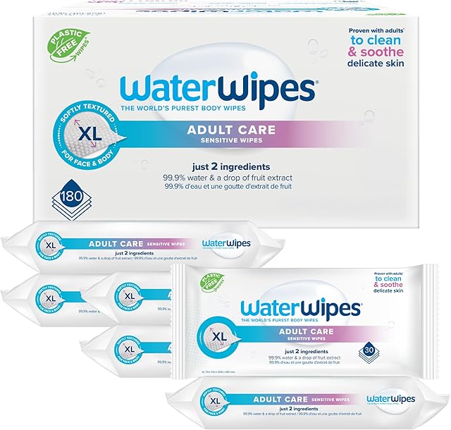 WaterWipes Adult Care Wipes, Extra-large 999% Water Based Wipes, Unscented & Hypoallergenic for Sensitive Skin, 180 Count (6 Packs)
