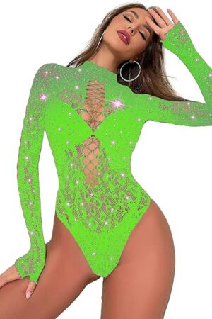 Women Sexy Lace Leopard Fishnet Bodysuit, One Piece Mesh Full Rhinestone Lingerie, Sparkle Music Festival Rave Outfits