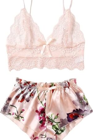 Women's 2 Piece Lingerie Floral Lace Cami Top with Satin Shorts Sleepwear Pajama Set