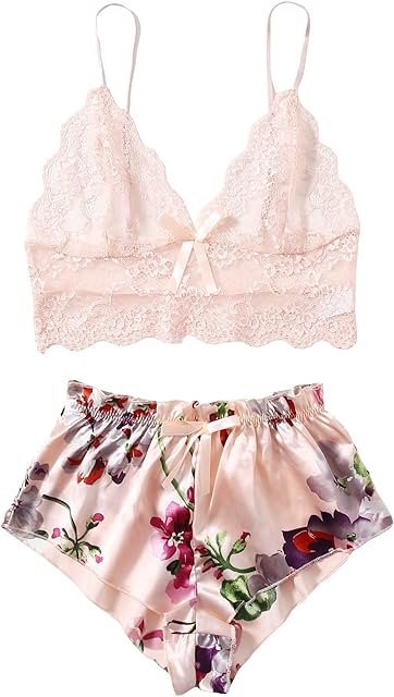 Women's 2 Piece Lingerie Floral Lace Cami Top with Satin Shorts Sleepwear Pajama Set