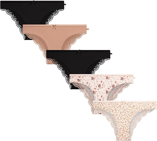 Women's Bikini Underwear - 5 Pack Sexy Lace Trim Seamless Panties Briefs for Women