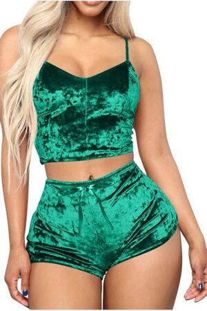 Women's Velvet Pajama Sets 2 Piece Outfits Sexy Crop Cami Top and Shorts Sleepwear Nightwear Lounge Pjs Sets